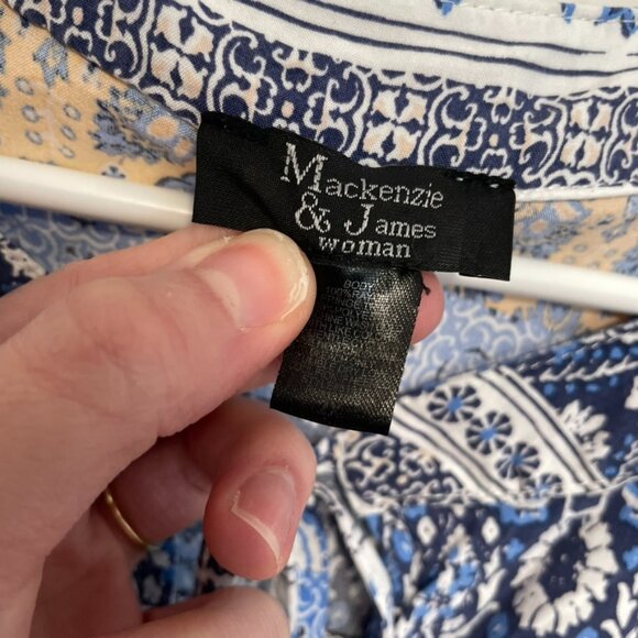 MACKENZIE JAMES Plus Size Blue White Floral Striped Boho Tie Neck Peasant Blouse - Picture 4 of 13